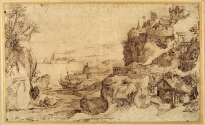 Vy nedåt av en befäst hamn (penna och brunt bläck på papper) av Agostino (attr. to) Carracci