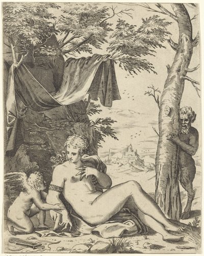 Venus, kärlek på sater av Agostino Carracci (attributed to)