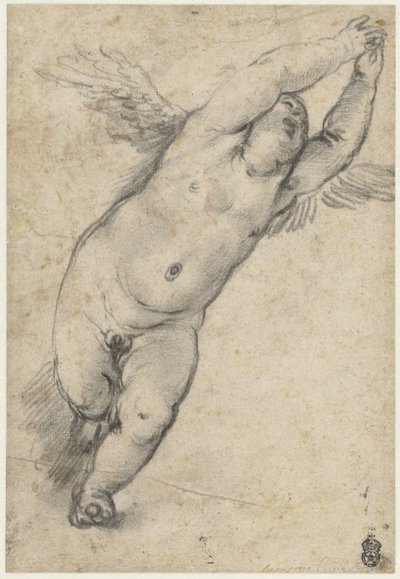 Flygande putto med upphöjda armar av Agostino Carracci (attributed to)