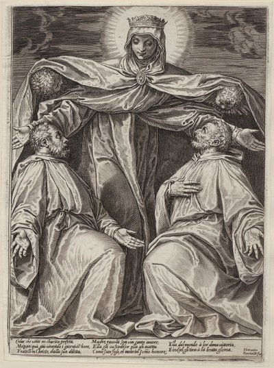 Barmhärtighetens madonna med två munkar av Agostino Carracci