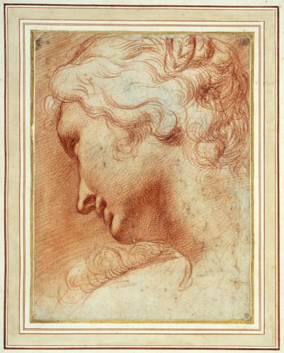 Huvudet på en ung kvinna som tittar ner över sin högra axel (röd krita på papper) av Agostino Carracci