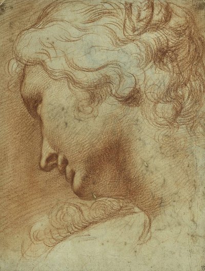 Huvudet på en ung kvinna som tittar ner över sin högra axel (röd krita på papper) av Agostino Carracci