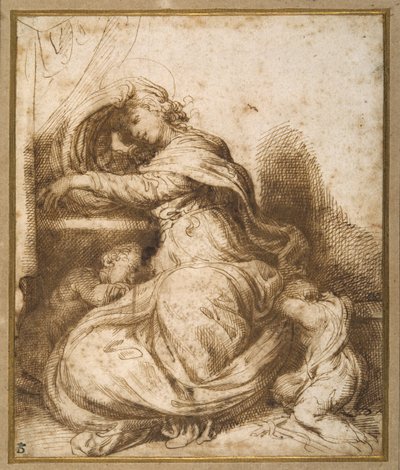 Madonna och barn med St John, alla sover (penna & brunt bläck och brunt tvätt) av Agostino Carracci