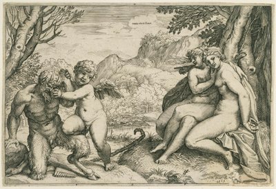 Omnia vincit Amor (Kärleken övervinner Pan, till höger två nymfer under ett träd, i ett landskap) av Agostino Carracci