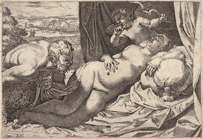 Satyr och nymf av Agostino Carracci