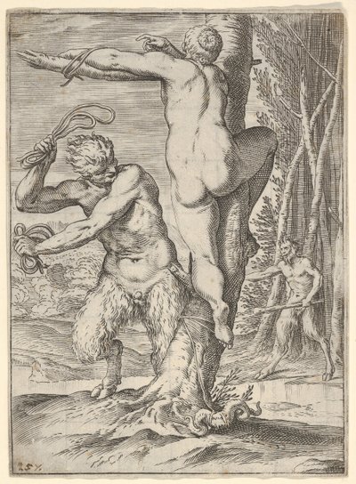 Satyr piskar en nymf, som visas bakifrån och bunden till ett träd, en andra saty..., ca. 1590-95. av Agostino Carracci