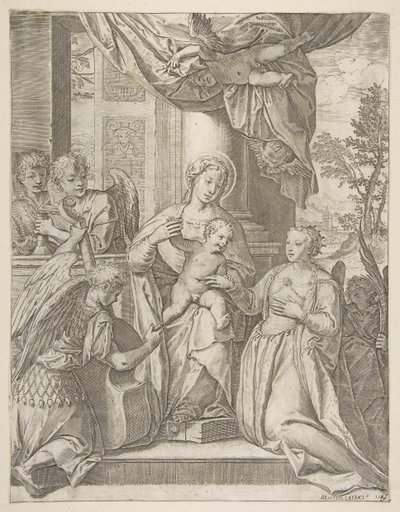 Det mystiska äktenskapet mellan Saint Catherine som sitter i centrum med Kristusbarnet, änglar med..., 1585. av Agostino Carracci
