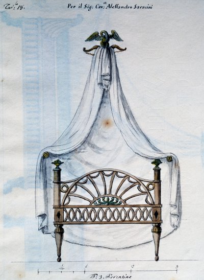 Himmelsäng för Alexander Saracens, från Works of carpenter and locksmith uttänkt och designad av mig Agostino Fantastici), manuskript 3, plåt 18 (1782-1845) av Agostino Fantastici