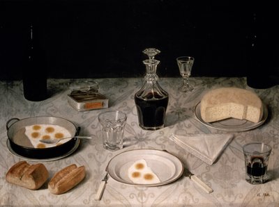 Stilleben med ägg, bröd, ost och vin (olja på duk) av Agostino Jose da Mota