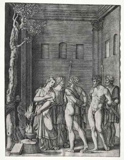 Orestes och Pylades fördes till Iphigenia för att offras, 15141536. av Agostino Musi
