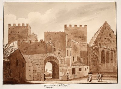 Porta Ostiensis eller San Paolo, byggd av Honorius, 1833 (etsning med brun tvätt) av Agostino Tofanelli