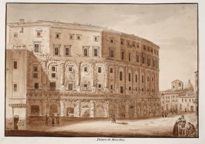 Marcellus teater, 1833 (etsning med brun tvätt) av Agostino Tofanelli