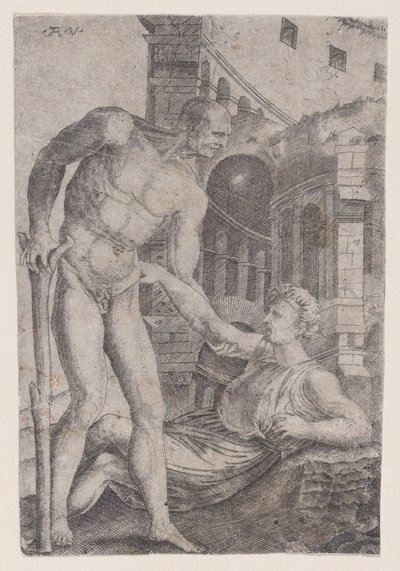 En man som hjälper en annan att komma på fötter, ca. 1514-36. av Agostino Veneziano