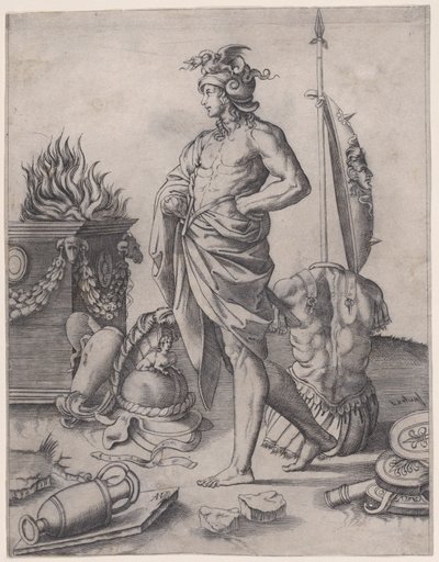 En ung hjälte nära ett altare, ca. 1514-36. av Agostino Veneziano