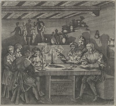 Baccio Bandinelli i sin ateljé med en statyett av Venus, elever som skissar från en mor..., 1531. av Agostino Veneziano