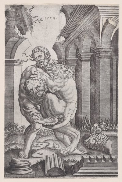 Hercules Strangling the Nemean Lion, daterad 1528. av Agostino Veneziano