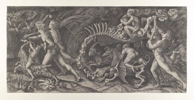 Lo Stregozzo: en kvinnlig häxa som rider på ett djurskelett, föregås av två män och ..., ca. 1515-25. av Agostino Veneziano