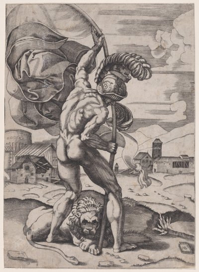 Man med en flagga, ca. 1514-36. av Agostino Veneziano