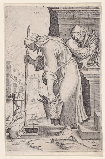 Gammal kvinna närmar sig graven, daterad 1528. av Agostino Veneziano