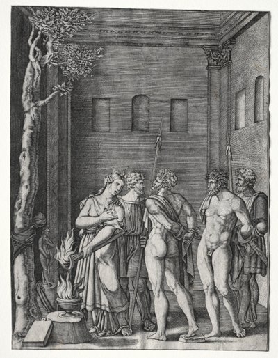 Orestes och Pylades fördes till Iphigenia för att offras av Agostino Veneziano