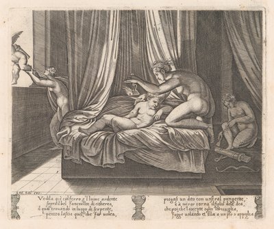 Platta 13: Psyche tittar på Amor, från berättelsen om Amor och Psyche som berättas av Apulei..., 1530-60. av Agostino Veneziano