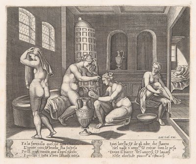 Platta 7: Psyche deltog i hennes bad, från historien om Amor och Psyche som berättas av Apu..., 1530-60. av Agostino Veneziano