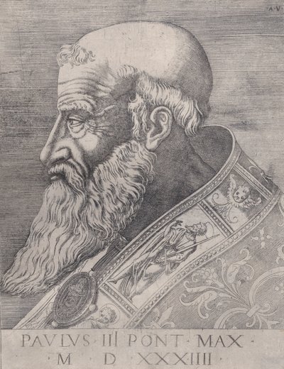 Påven Paulus III, barhårig, daterad 1534. av Agostino Veneziano