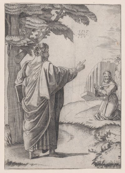 Saint Paul and the Franciscan Friar, daterad 1517. av Agostino Veneziano