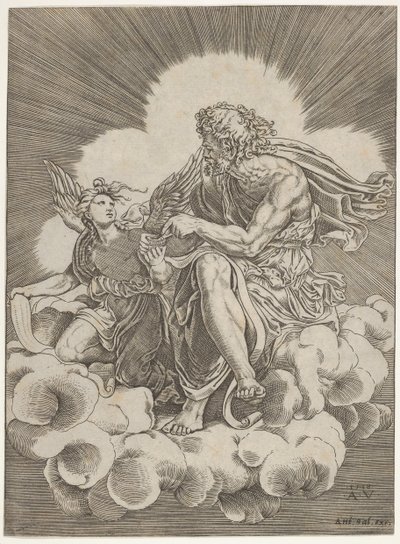 St. Matteus, sittande på ett moln och doppa en penna i ett bläckhus som hålls av en ängel..., ca. 1518-20. av Agostino Veneziano
