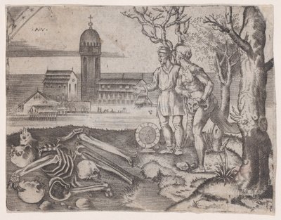 Två män på en kyrkogård, ca. 1514-36. av Agostino Veneziano