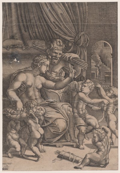 Venus och Vulcan omgiven av amoriner, daterad 1530. av Agostino Veneziano