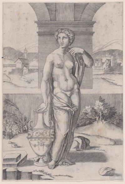 Kvinna som står nära en vas, ca. 1514-36. av Agostino Veneziano