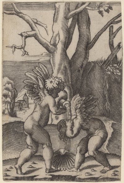 Två kärlekar av Agostino dei Musi after Raphael