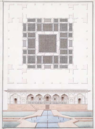 Höjd av sydfronten och trädgårdspalatset i Suraj Bhawan vid Dig, ca 1830 (penna, penna och grått bläck och akvarell) av Agra School