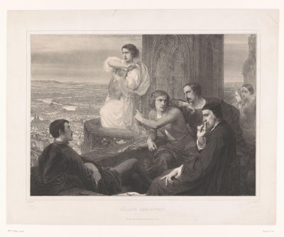 Hélène med Adelsfreits lyra och andra figurer på ett torn Helene Adelsfreit (titel på objekt) av Aimé de Lemud