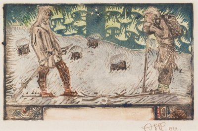 ”Två skidåkare”, titelillustration till en dikt i ”Den stora Kalevala” av Akseli Gallen-Kallela