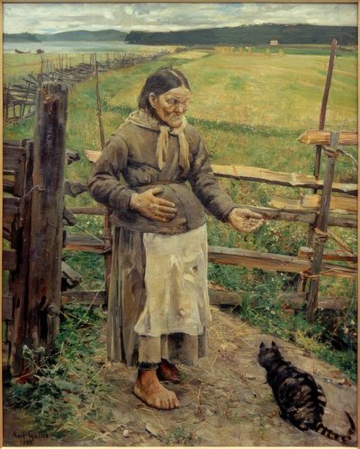 Gammal kvinna med katt av Akseli Valdemar Gallen-Kallela