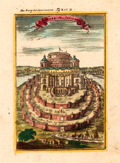 Den legendariska drottningen Semiramis fästning och hängande trädgårdar i Babylon - Semiramis fästning - Koppargravyr och akvarell av Alain Manesson Mallet (1630-1706) av Alain Manesson Mallet