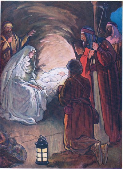 Jesusbarnet och herdarna, ur The Bible Picture Book utgiven av Thomas Nelson, ca 1950 (färglitografi) av Alan & Stokes George Vernon (1873 1954) Wright