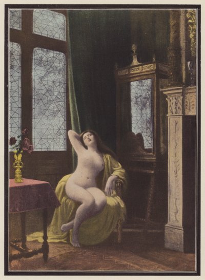 Sovande kvinna (färg litho) av Albert (after) Aublet
