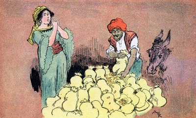 Ali Baba visar guldpåsarna till sin fru Illustration av Albert Robida för Ali Baba and the Forty Thieves 1945 Private Collection av Albert (after) Robida