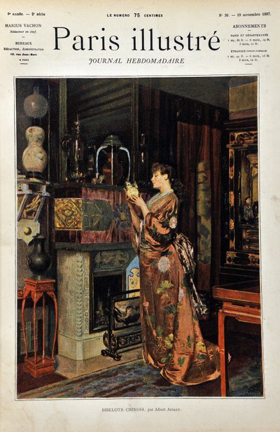 Kinesiska prydnadssaker En europeisk kvinna klädd i Orientale observerar sitt utbud av kinesiska föremål. Illustration av Albert Aublet (1851-1938). Gravyr från 1887 i "" Paris-Illustrous journal weekly"". av Albert Aublet