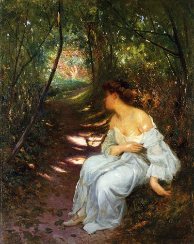 En ung kvinna som sitter på en skogsstig, 1908 av Albert Auguste Fourie