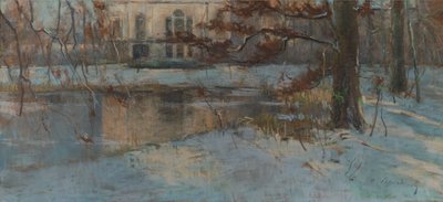 Snötäckt lanthus och park, ca 1892 (pastell på papper på duk) av Albert Baertsoen