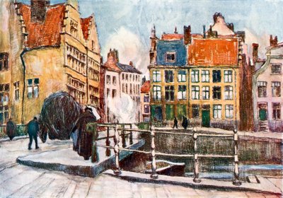 "Pont aux Herbes", Gent (färglitografi) av Albert Baertsoen