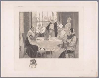 Sällskap av kvinnor i traditionell kostym vid bordet skandal av Albert Bertrand (attributed to)