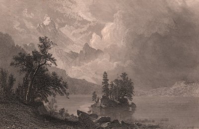 Vy över Lake Esther, Sierra Nevada, Kalifornien, USA, stålstick av Robert Hinshelwood (1812-efter 1875) efter målning av Albert Bierstadt (1830-1902), cirka 19x14 cm av Albert Bierstadt