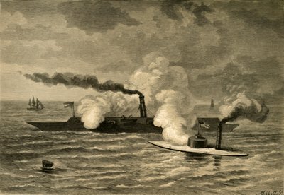 Attack of the Monitor on the Merrimack, 1878. av Albert Bobbett