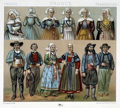 Bretonska dräkter från 1800-talet - i "" Den antika och historiska kostymen"" av Racinet av Albert Charles August Racinet