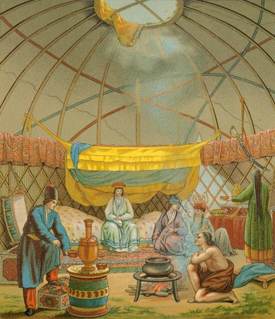 En Kalmyk, ett Kalmuk-tält, Illustration från The Complete Costume History av Racinet Auguste av Albert Charles August Racinet